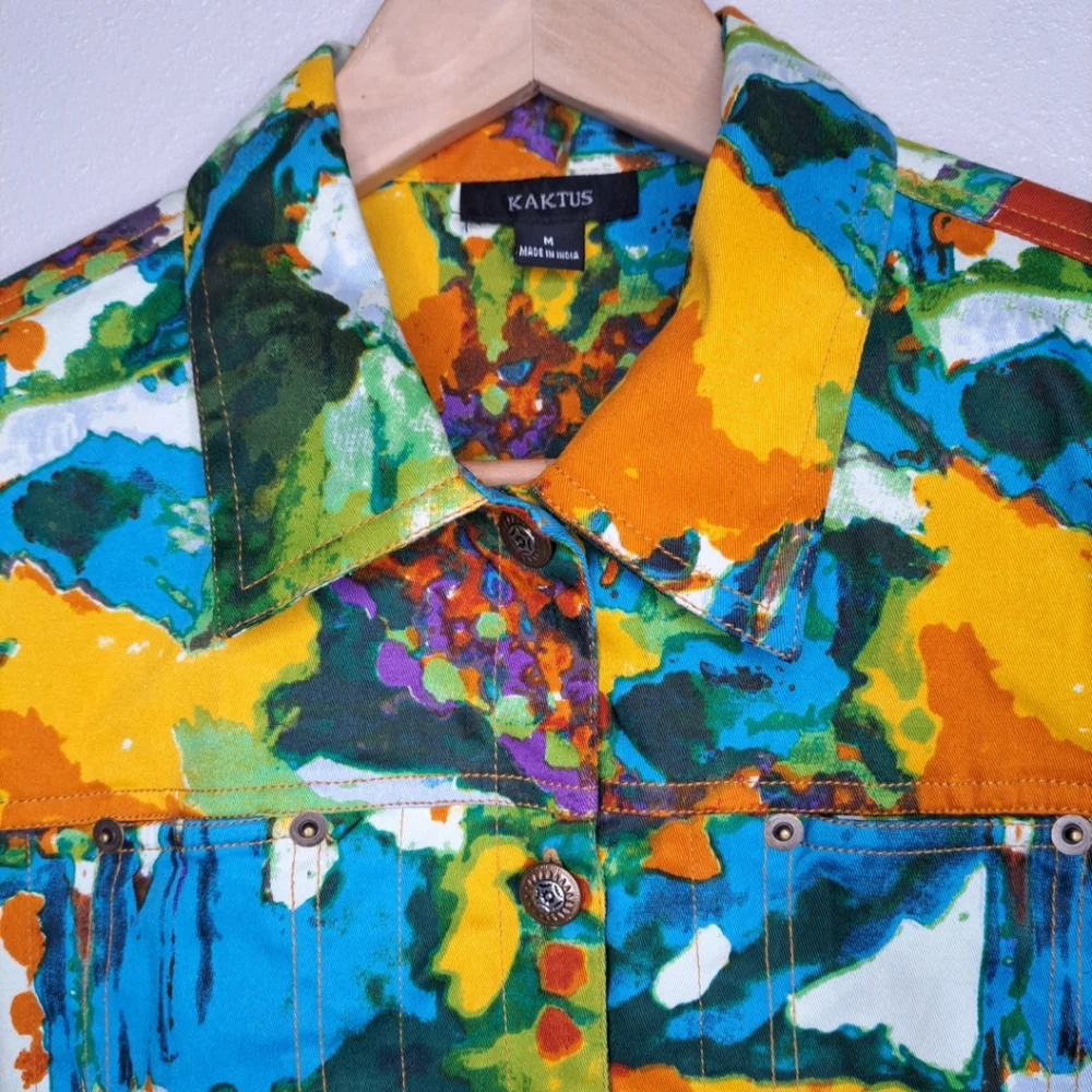 Vintage Women’s Kaktus Art To Wear Cotton Soft Denim Multicolored Jacket Size M - Picture 13 of 14